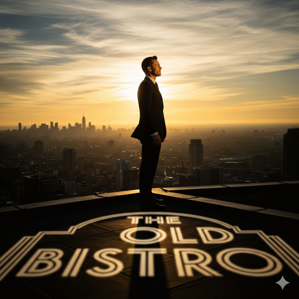 Un homme, silhouette élégante, se tient de profil sur le toit d'un gratte-ciel au lever ou au coucher du soleil, regardant un horizon urbain lointain. Au sol, devant lui, le nom 'The Old Bistro' est discrètement illuminé. L'image symbolise un leader qui prend du recul, contemple son passé tout en regardant vers un avenir prometteur, avec une impression de réflexion et de renouveau